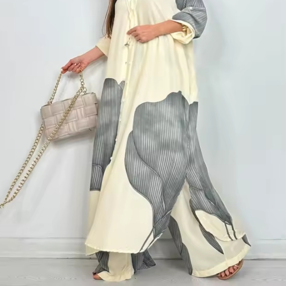 Elegant Lady Set Fashion Printed LongShirt Top + Wide Leg Pants 2-piece Outfit - Picture 5 of 7